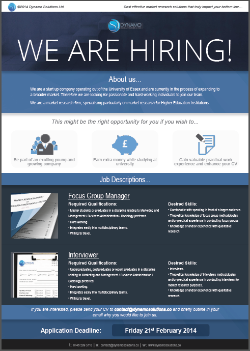 DynamoSolution's tweet image. We are hiring!
Focus Group Manager &amp;amp; Interviewer. 
Send your CV &amp;amp; cover letter to contact@dynamosolutions.co