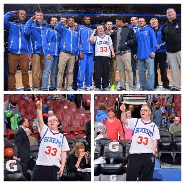 SportsCenter's tweet photo. Why We Love Sports Today: Kevin Grow, high school team manager with Down syndrome, lives out his dream as a 76er. http://t.co/9JMCmKywGb