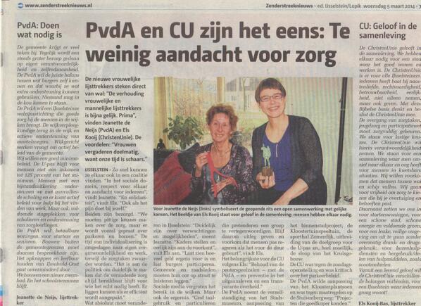 In Zenderstreeknieuws PvdA #IJsselstein <a href="/JeanettedeNeijs/">Jeanette de Neijs</a> in gesprek met Els Kooij van de CU. Meer aandacht voor zorg!