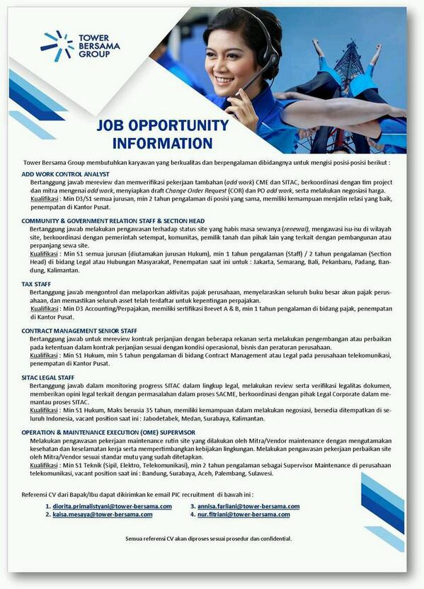 <a href="/UKBM_IMTelkom/">UKBM IMTelkom</a> @bemSKM_IMT <a href="/AlumniIMTelkom/">Alumni IM Telkom</a> loker PT. Tower bersama gruop. Monggo ke yoggy@live.com dulu ya :))