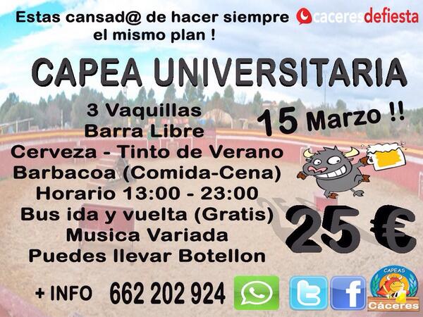 CapeasCaceres's tweet photo. CAPEA UNIVERSITARIA CACERES !!
RT ‼️‼️ que se entere todo el mundo 🎉🎉
@caceresdefiesta 
@LigoteosEx 
@estudiantesdCC http://t.co/FhLCZ9XQMz