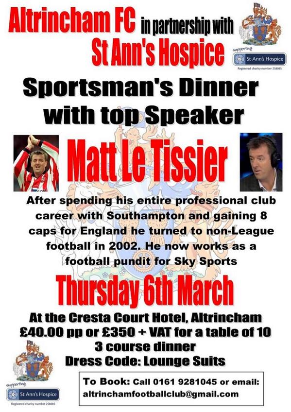 Still tkts for <a href="/altrinchamfc/">Altrincham FC</a> fantastic event with <a href="/mattletiss7/">Matt Le Tissier ✝️</a> on Thursday evening in aid of <a href="/StAnnsHospice/">Moya Cole Hospice</a> #Alty