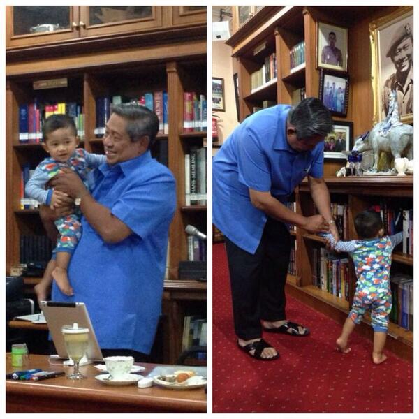 SBYudhoyono's tweet photo. "Pepo" SBY sdg membujuk cucunya, Airlangga, untuk tidur, sementara Airlangga masih mau menemani "Pepo" nya bekerja. http://t.co/ApOwYnJ9S3