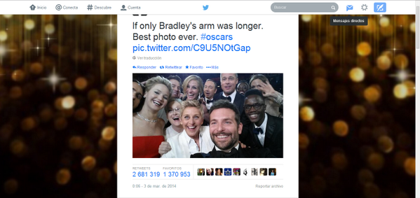 DiploCamp's tweet photo. #HISTORICO mas de 2.000.000RT lleva el tweet de @TheEllenShow en los #Oscars2014 con varios Famosos http://t.co/O9cYCnDbwD