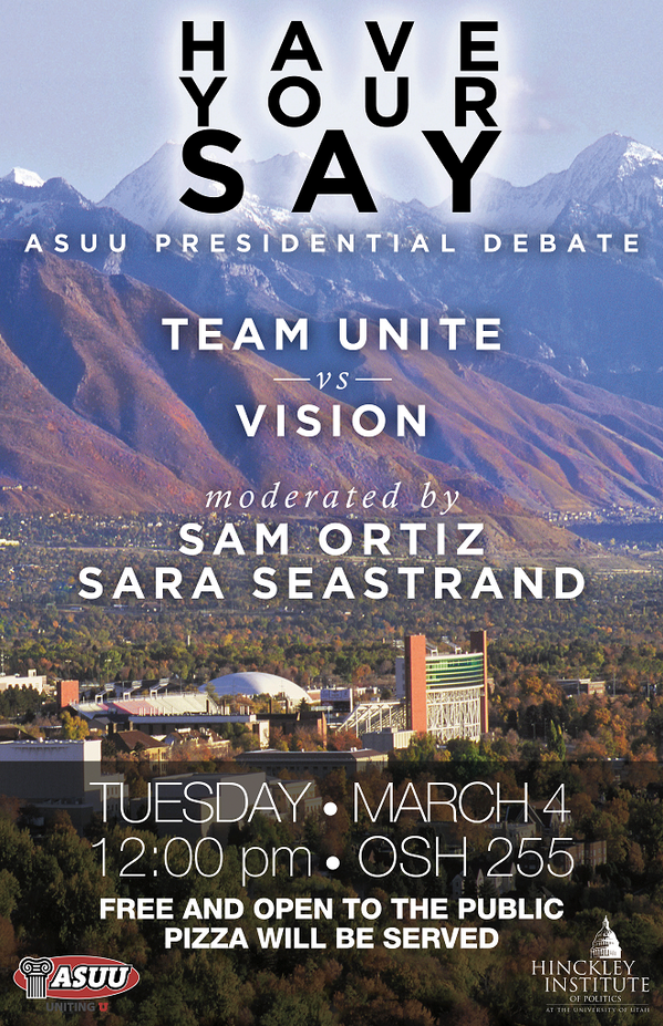 hinckleyinst's tweet image. TOMORROW at noon: ASUU Presidential Debate. @VoteTeamUnite vs. @VoteVisionParty. #pizzandpolitics @ASUUevents #utpol