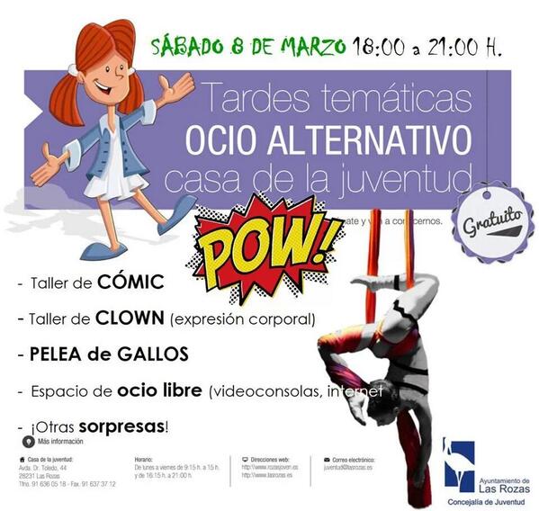 tiempoliebre's tweet photo. #TT Sábado 8 de marzo: taller de #cómic, #clown, pelea de gallos y espacio de ocio libre @Rozasjoven @infolasrozas http://t.co/qdvJqb1XDB