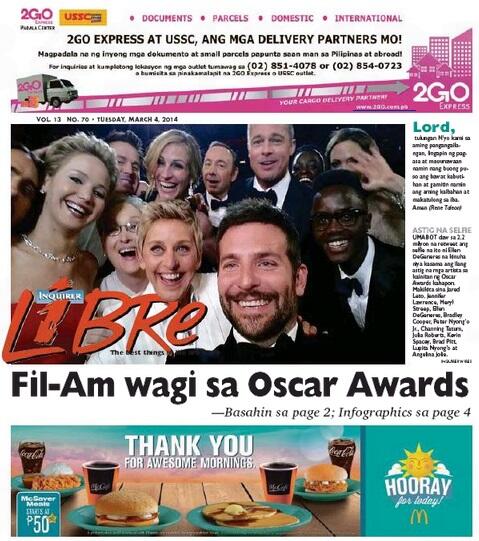 inquirerdotnet's tweet photo. "Fil-Am wagi sa Oscar Awards" @inquirer_libre front page today. Full issue: http://t.co/lOyS7unsym http://t.co/AiKc6ghFJH