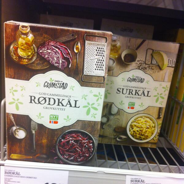 tibedrammen's tweet photo. Vi har laget den fine emballasjen til Smaken av Grimstads nye serie "God Gammeldags" m/bl a surkål, rødkål og agurker http://t.co/2BE288REA0