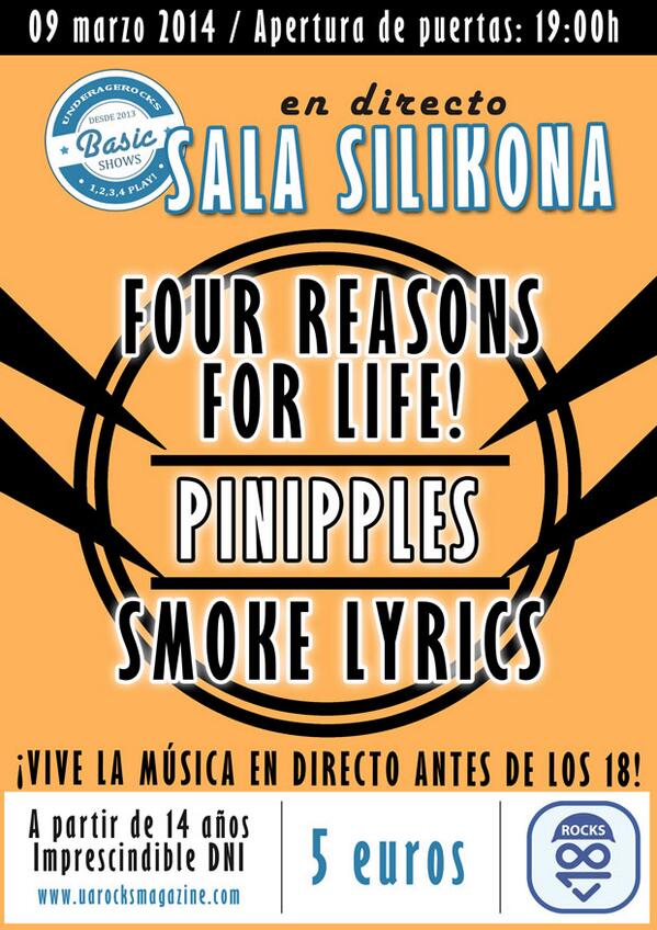 Os recordamos que este domingo tendremos a <a href="/4R4L_Band/">FourReasonsForLife!</a> @Pinipples y <a href="/SmokeLyrics/">Smoke Lyrics</a> en <a href="/salasilikona/">SalaSilikona</a>
