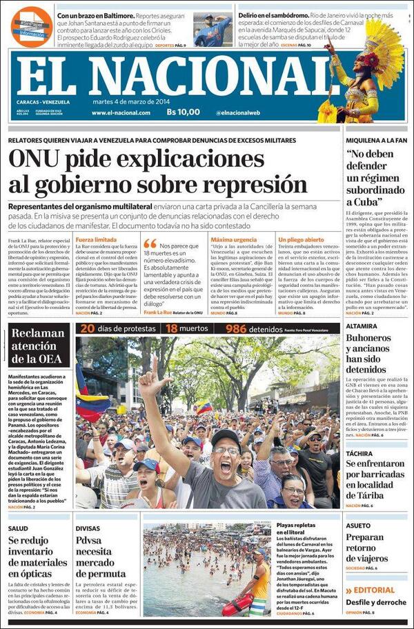 Buenos días, le presentamos nuestra primera página de este martes 4 de marzo de 2014
