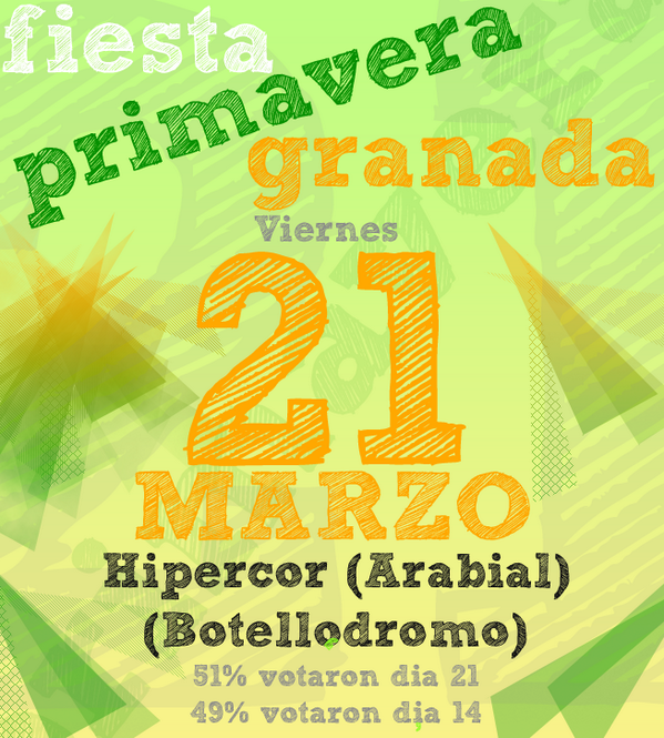 uGRenfurecida_'s tweet photo. YA HAY DÍA PARA LA FIESTA PRIMAVERA DE GRANADA 2014. SERÁ EL DÍA 21 DE MARZO. Gracias por votar a tod@s. RT RT!! http://t.co/tMZCRTgZoQ