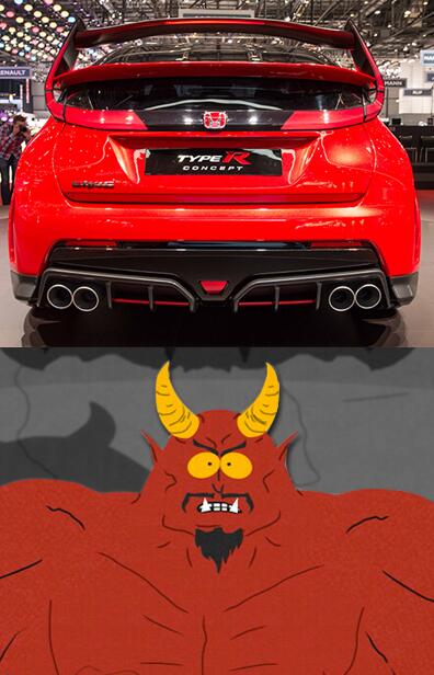 BBC_TopGear's tweet photo. From the rear, the new #Honda Civic Type R concept looks like Satan from @SouthPark   #SIAG http://t.co/9rXPXrTerY