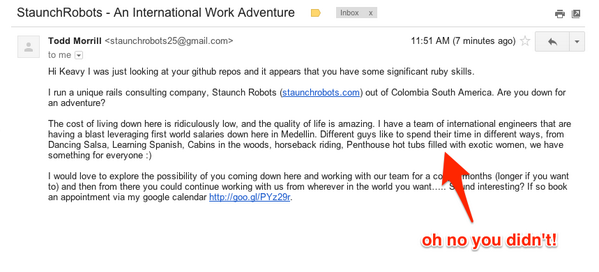 keavy's tweet photo. Up there with the worst recruitment spam: @staunchrobots http://t.co/b0r9ytOyk9