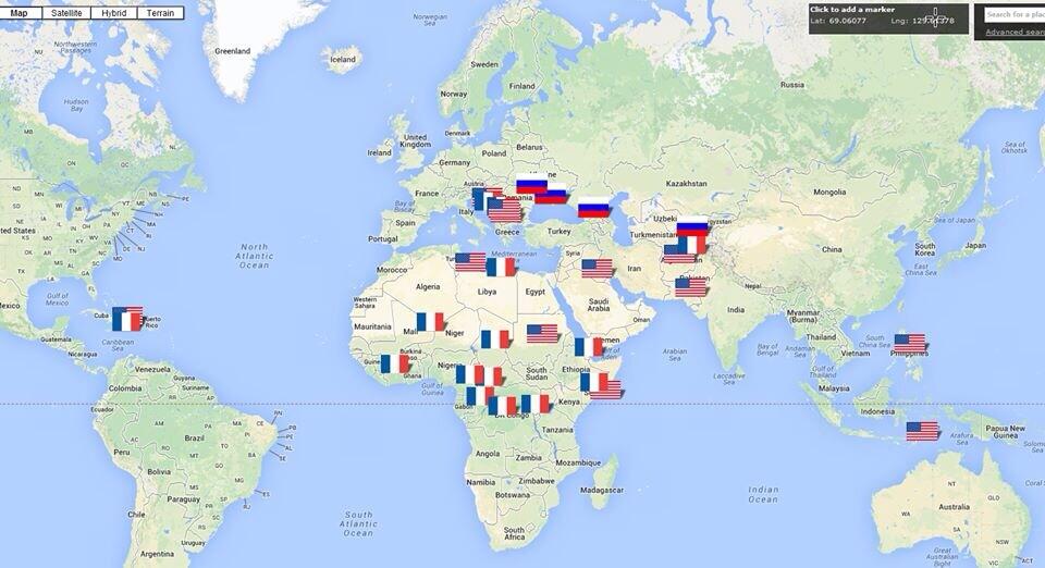Carte des interventions françaises, états-uniennes et russes.