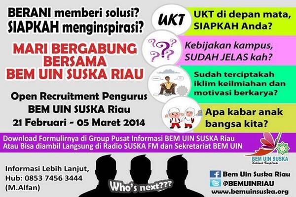 BEMUINRIAU's tweet photo. BESOK (5/3/14) BATAS TERAKHIR PENGAMBILAN DAN PENGEMBALIAN Form #OpRecBEMUINSUSKA. :) @anakUINSUSKA @Engineer_UIN http://t.co/Vf6BbcTZjl
