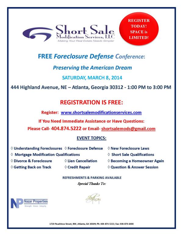 TheOaksFirm's tweet photo. @PieceByPieceAtl FREE foreclosure defense/loan mod seminar in Atlanta this Saturday. Pass it on to your partners!! http://t.co/pYv1fsVhdW
