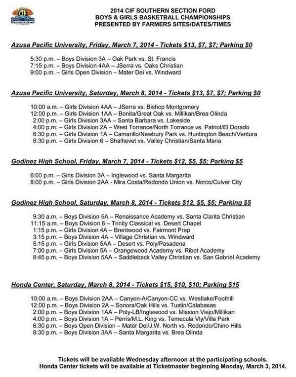 CIF basketball finals schedule. Some interesting schedule choices. Way to keep us on our toes, CIF.