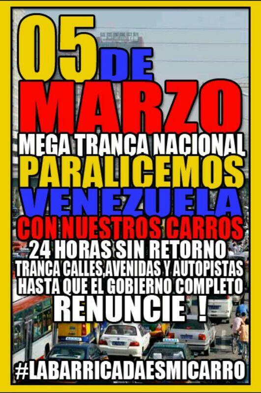 Mañana todos a la MEGA TRANCA NACIONAL #5M RT MASIVO!!!! PARALICEMOS A VENEZUELA #LaGuarimbaLosTienenLocos'