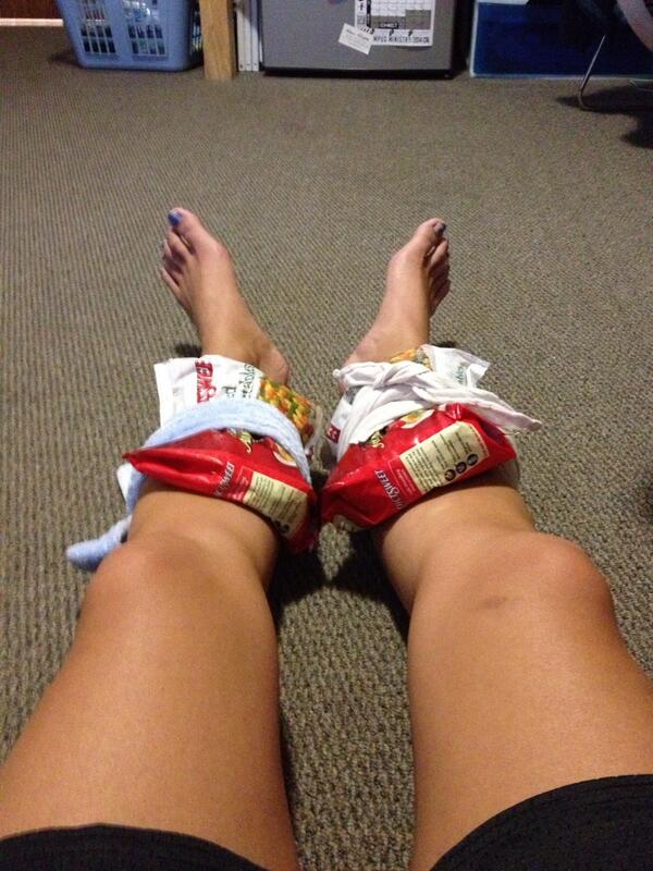 Sitting on my floor with bags of frozen veggies on my legs #shinsplintssuck