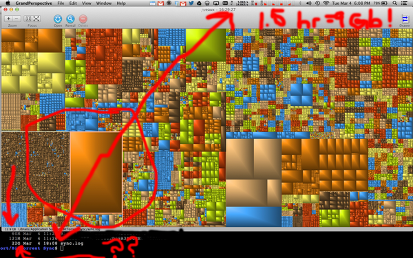 caddymob's tweet image. WOWOWOW bittorrent sync logs… Big orange block is grand perspective 1.5hr ago - 13GB. Now 22GB! #megalogs #btsync