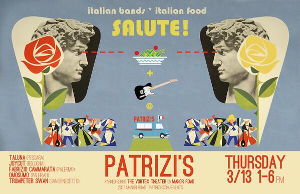 Trumpeter Swan (@trumpeter_swan) on Twitter photo Just announced free SALUTE! Day Party during SXSW week. Italian Bands+Italian Food! Thurs 3/13,1-6pm <a href="/PatrizisAustin/">Nicholas Patrizi</a> Just announced free SALUTE! Day Party during SXSW week. Italian Bands+Italian Food! Thurs 3/13,1-6pm <a href="/PatrizisAustin/">Nicholas Patrizi</a>