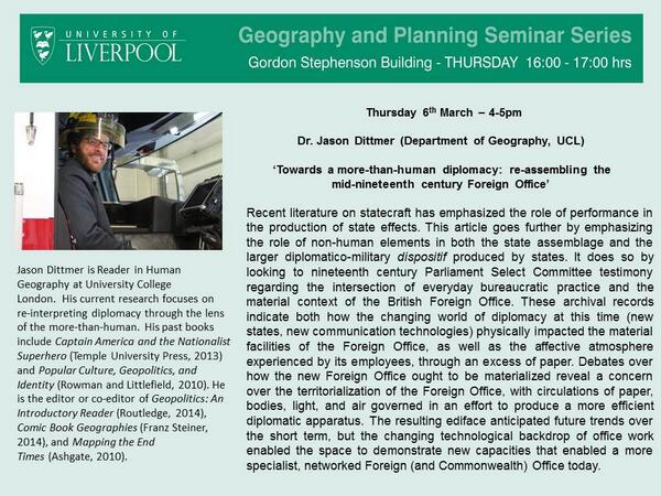 Thurs <a href="/LivUniGPS/">Geography&Planning</a> <a href="/livuniplanning/">Planning and Civ D</a> <a href="/livunigeog/">livunigeog</a> seminar will be given by Dr Jason Dittmat (UCL) - details attached