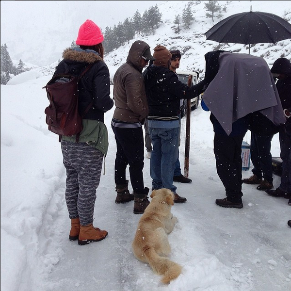 Athiya [wearing a pink beanie] and the team of #Hero during shoot in Manali: