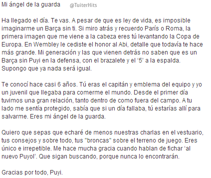 TuiterHits's tweet photo. La emotiva carta de Gerard Piqué a Carles Puyol. Imperdible. http://t.co/iYKv0F6eN6