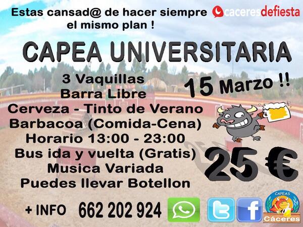 CapeasCaceres's tweet photo. VOLVEMOS CAPEA CACERES UNIVERSITARIA ‼️

15 de MARZO reserva ya tu entrada ‼️
Chicas chicos alcohol comida musica 🎉🎉 http://t.co/VUKYfKHYVl