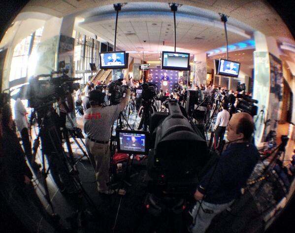 Saints's tweet photo. Johnny Manziel's press conference at the @NFL Combine http://t.co/4aUsyUWFJY