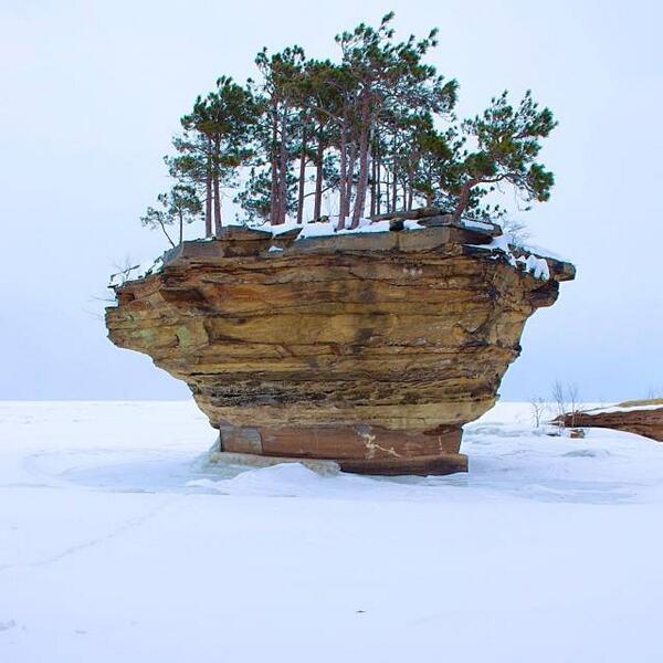 PureMichigan's tweet photo. Spectacular winter shot of Turnip Rock near Port Austin by Instagram fan (at)mikeconnick http://t.co/TfGs4sVBbA http://t.co/1TsBDDfk56