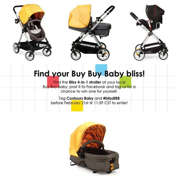 ContoursBaby's tweet photo. Today is the last day of our #BlissBBB contest. Take a pic of yourself w/ the Bliss stroller at buybuy BABY to #win! http://t.co/i8N5EX49ix