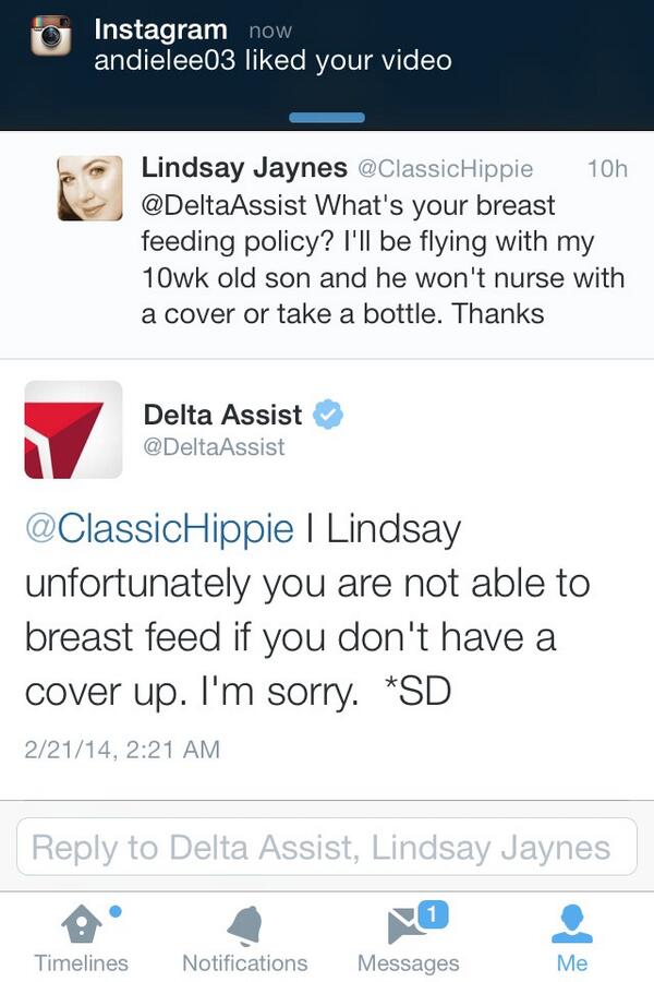 @DeltaAssist <a href="/ClassicHippie/">L Parker Jaynes</a> To all my breast feeding mamas- you might want to reconsider flying Delta!