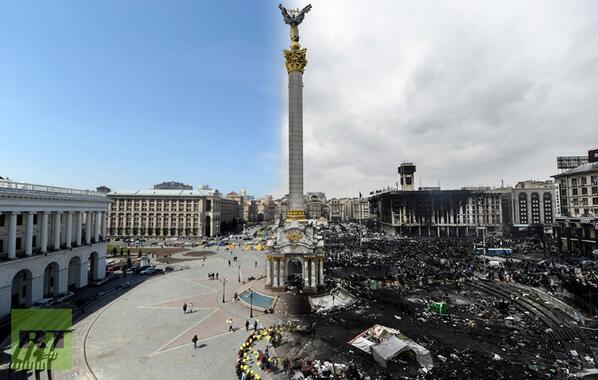 RT_com's tweet photo. #KIEV STRIKING IMAGES: Independence Square BEFORE &amp; AFTER the riots http://t.co/bsDCVfl8f8 http://t.co/7yaJgODNjL