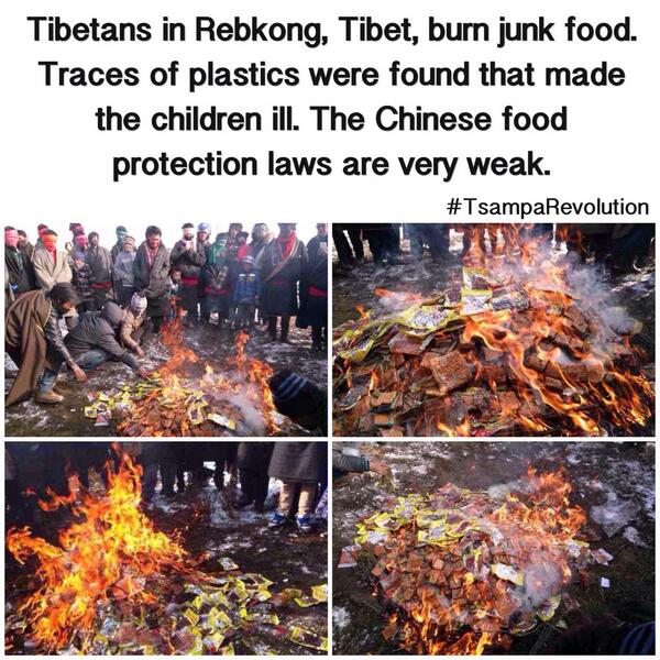 Tibetans in Rebkong, Tibet, burn junk food. Traces of plastics found