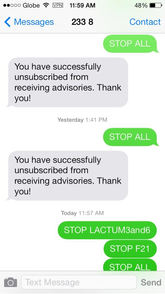 elizabethgoljan's tweet photo. @RJOfGlobe @talk2GLOBE how many times should we #text #STOP ALL to 2338? Attn. #NTCph #NTCphilippines http://t.co/z2dpby0J2U