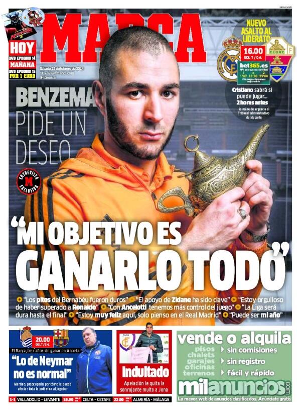 BhE7yl3IMAAgTfP WTF? MARCAs odd front picture today has Real Madrids Karim Benzema posing with a genies lamp