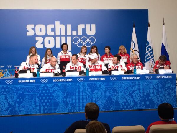 CurlingCanada's tweet photo. Double gold! Post-victory press conference with @CDNOlympicTeam #curling teams #wearewinter http://t.co/LRhS1nT0Vd