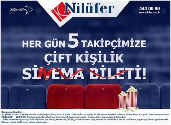 Nilufer_Turizm's tweet photo. Her gün 5 takipçimize çift kişilik sinema bileti!Tek yapmanız gereken twitter adresimizi takip ve bu tweeti RT etmek. http://t.co/IjudIE85ch