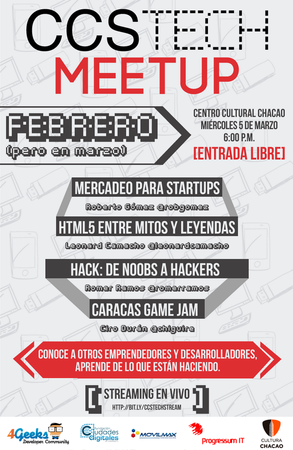 thetechmeetup's tweet photo. Conoce más sobre startups en el #CcsTechMeetUp el 5 de marzo en el Centro Cultural Chacao. ¡Totalmente gratis! http://t.co/hJEzjJCbJy
