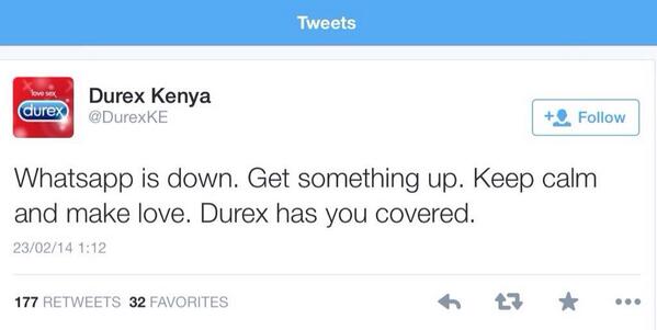 Good to see <a href="/DurexKE/">Durex Kenya</a> don't miss a trick on the marketing front. #whatsappdown