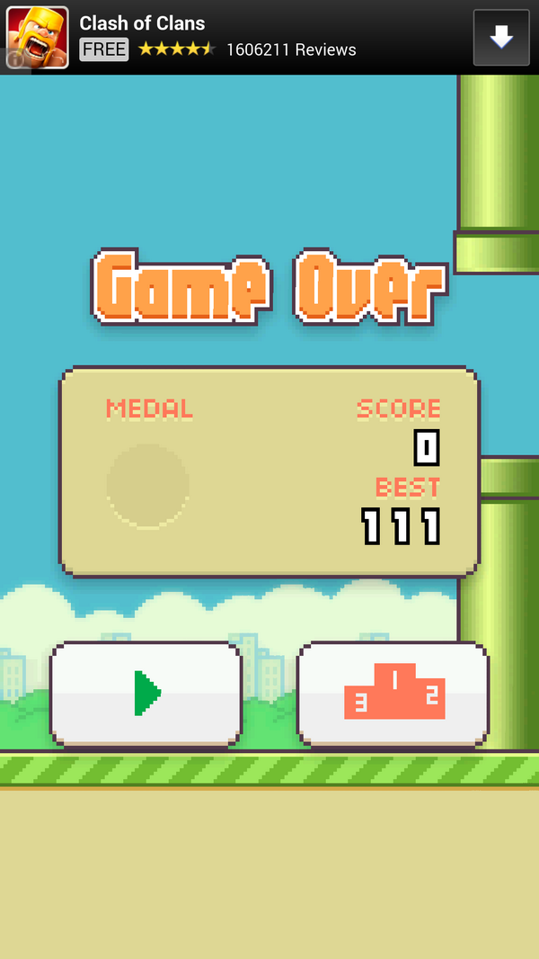 MINIDYNAMO2014's tweet photo. New highscore #flappybird #game #gamer @app @highscore #score http://t.co/5e9uaZaasJ