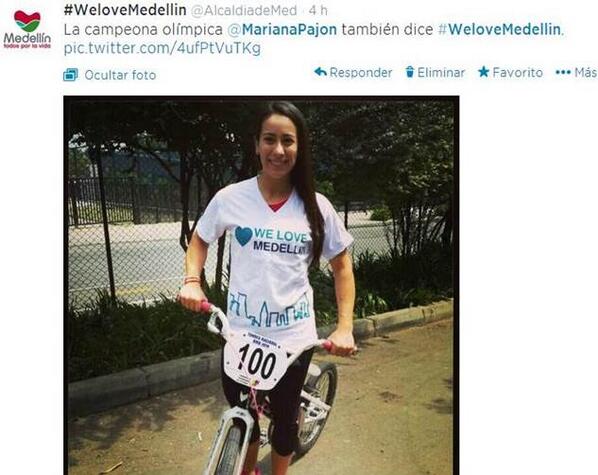 AlcaldiadeMed's tweet photo. Mariana Pajón se sumó a la iniciativa de #WeLoveMedellín, los invitamos a todos a publicar fotos en redes sociales. http://t.co/YIulEzMCGA