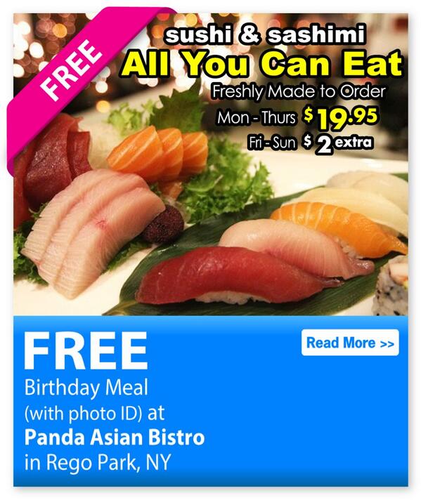 718coupon's tweet photo. http://t.co/1EXw4q3UBu #pandaasianbistro #allyoucaneatsushi #freebirthdaymeal #regopark http://t.co/iEjU7Wbl8b
