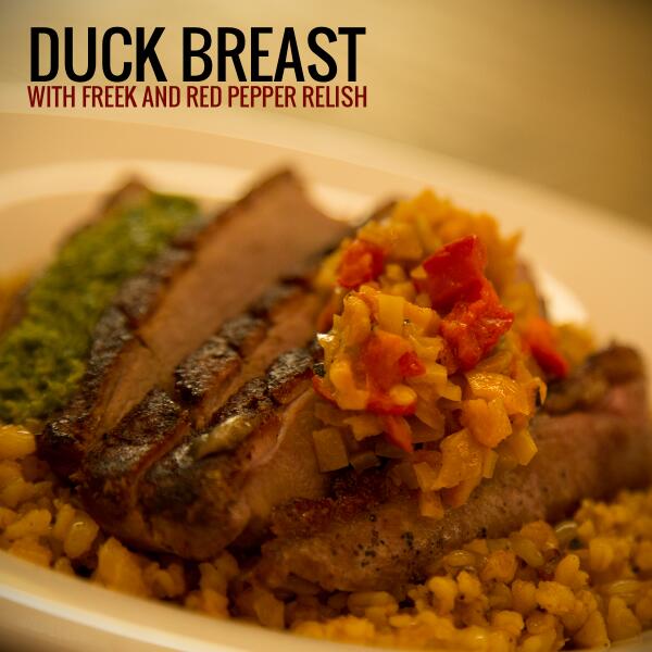 ChefsMarketCAI's tweet photo. Duck Breast with Freek and Pepper Relish. #gastronomy #dining #cairo http://t.co/SBQkSDxZWr