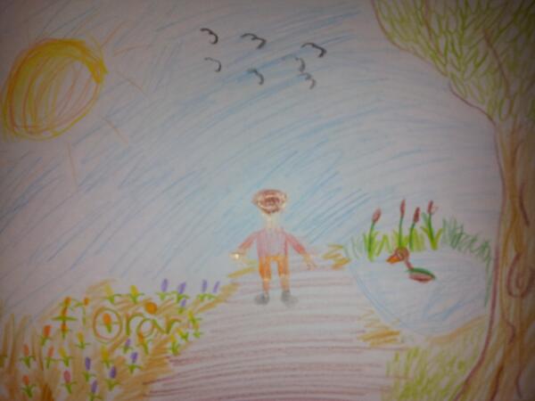 Dejlig gåtur i det Hornbækske....og så lige Fredes fine tegning som han fik chokolade for af TV2 Lorry. .vejrudsigten