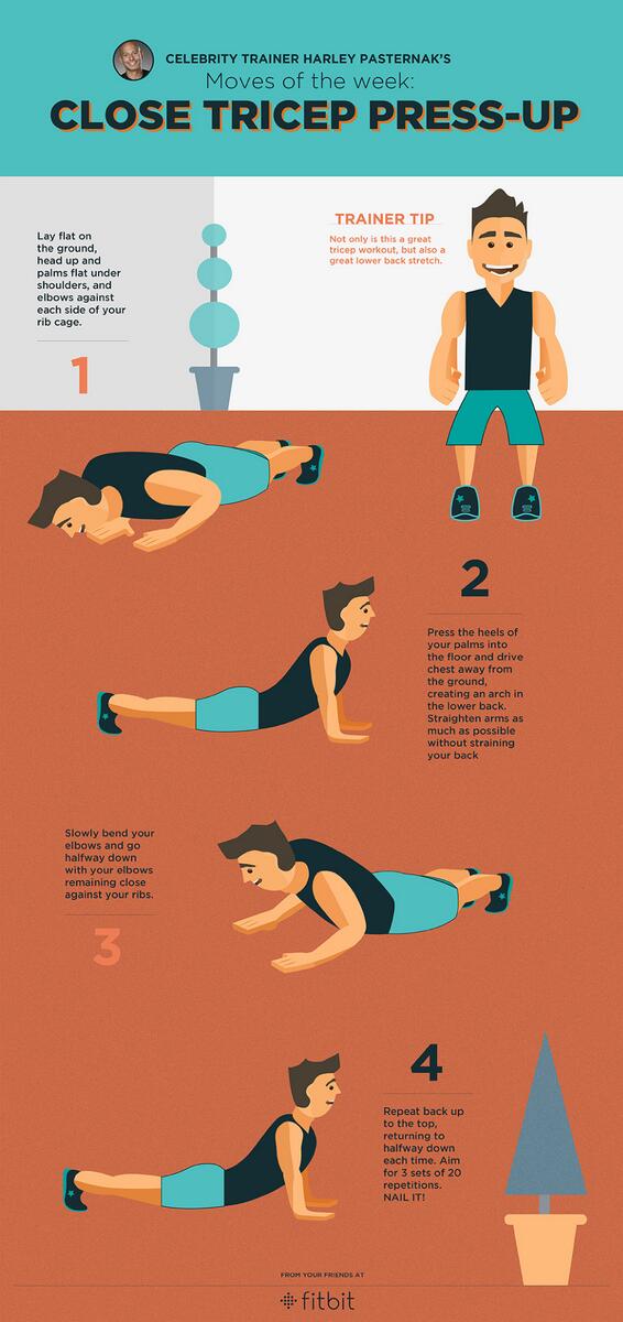 googlehealth's tweet photo. Getting a Sunday workout in? Try @harleypasternak's final Move of the Week: Close Tricep Press-Up! #Fitbit2014 http://t.co/DTyfEaQxa6