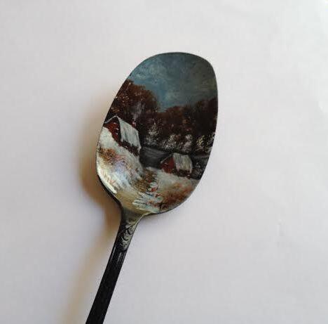 Winter Farm Scene Magnet Tablespoon Mini Hand Painting Oils Collectible #Etsy  etsy.me/1e7H4rh