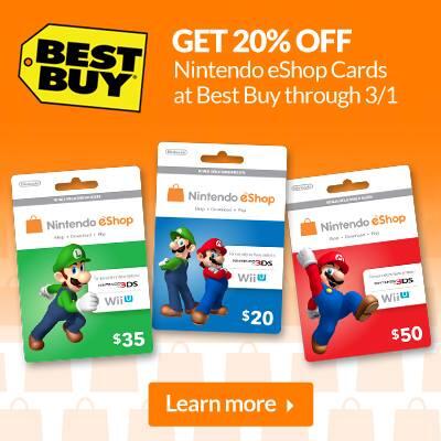 3DSeShop's tweet photo. [US] Save 20% off eShop cards at Best Buy until March 1st: http://t.co/QZyqtvvU5t http://t.co/XcYVd7WLho