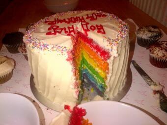 Got Damon a rainbow cake! Happy Birthday...glad you done the skydive yesterday! http://t.co/B4AZy4Ev<a href="/tag/lovelife"class="tags"><span>#lovelife</span></a><a href="/tag/whatreallymatters"class="tags"><span>#whatreallymatters</span></a>